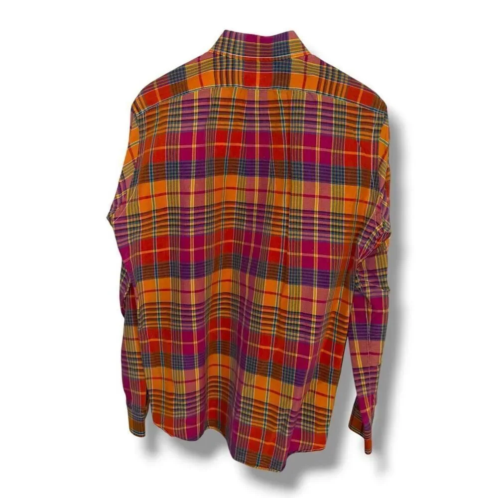 Polo Ralph Lauren Orange & Pink Linen & Silk Madras Button Down Shirt Sz M